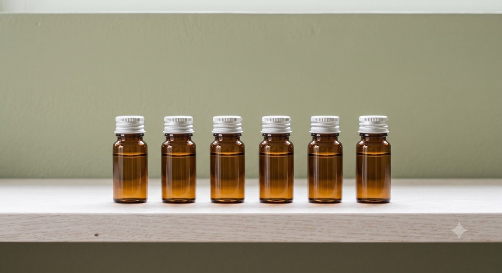 Amber peptide vials lined on a wood shelf at Oak & Sage Wellness Center